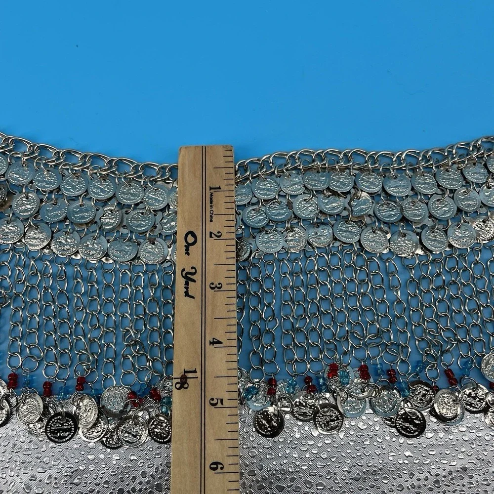 Vintage Belly Dance Hip Scarf Silver Tone Chain Mesh Red Blue Beaded Fringe
